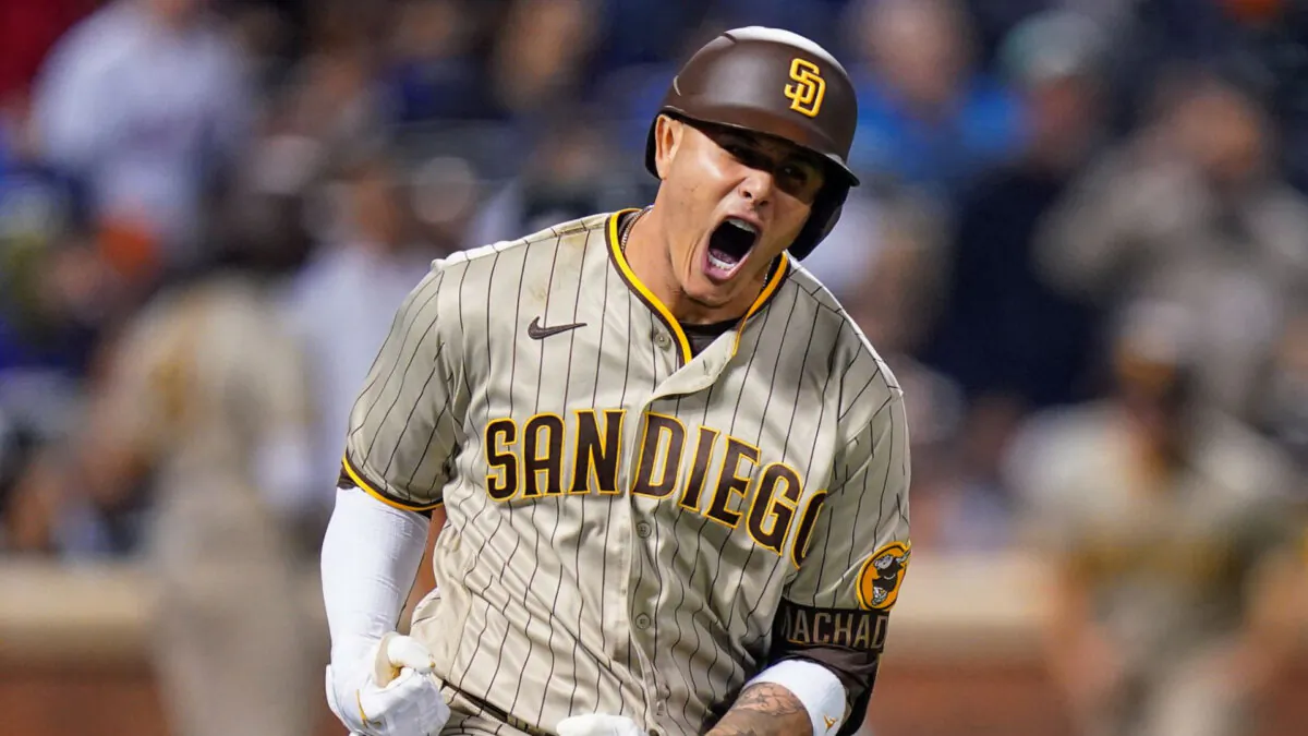 San Diego Padres Manny Machado reacts as he rounds the bases after hitting a solo home run against the New York Mets during the fifth inning of Game 1 of a National League wild-card baseball playoff series in New York on Oct. 7, 2022. (Frank Franklin II/AP Photo)