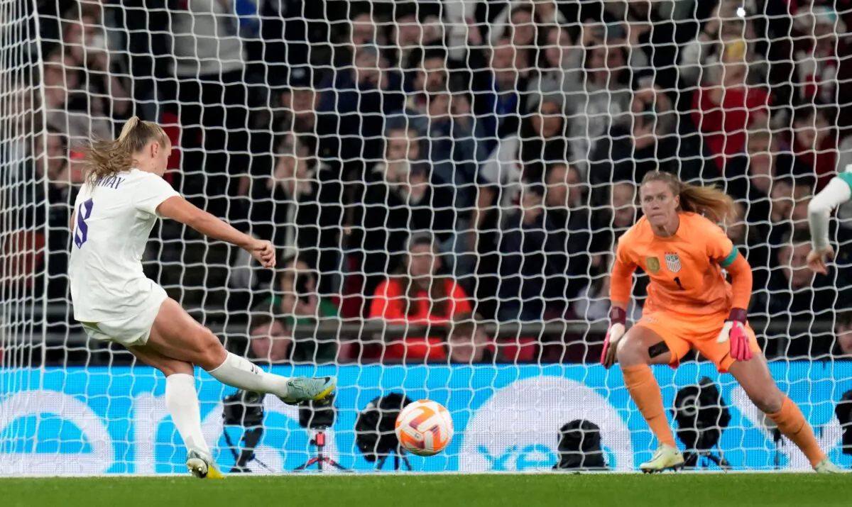 England's Georgia Stanway shoots to score from the penalty spot during the women's friendly soccer match between England and the United States at Wembley stadium in London on Oct. 7, 2022. (Kirsty Wigglesworth/AP Photo) 