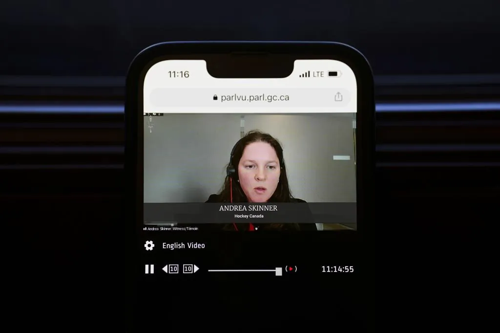 Andrea Skinner, interim chair of the Board of Directors of Hockey Canada, is pictured on ParlVU as she appears virtually as a witness at a House of Commons Committee on Canadian Heritage on Parliament Hill in Ottawa on Oct. 4, 2022. (The Canadian Press/Sean Kilpatrick)