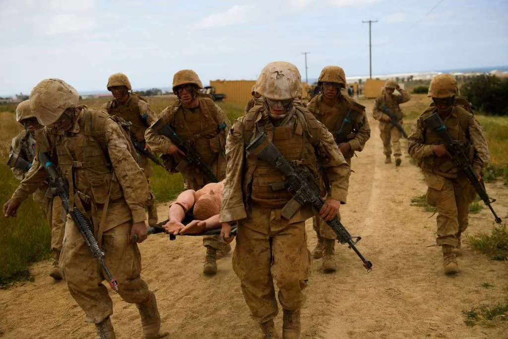 United States Marine Corps (USMC) recruits during The Crucible, the final part of phase three of recruit training before officially becoming US Marines at Camp Pendleton in San Diego County, Calif., on April 21, 2021. (Patrick T. Fallon/AFP via Getty Images)