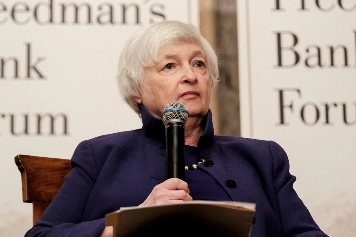 Treasury Secretary Janet Yellen participates in a discussion at the annual Freedman's Bank Forum at the Treasury Department in Washington, on Oct. 4, 2022. (Michael A. McCoy/Reuters)