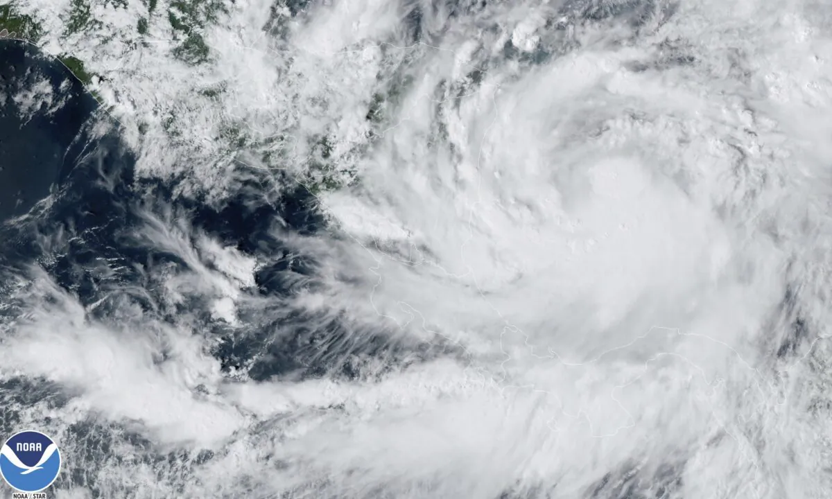 A satellite image shows Tropical Storm Julia at 4 p.m. ET on Oct. 8, 2022. (NOAA via AP)