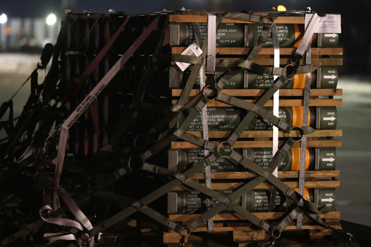 Weapons and other military hardware delivered by the U.S. military at Boryspil Airport near Kyiv, in Boryspil, Ukraine, on Jan. 25, 2022. (Sean Gallup/Getty Images)