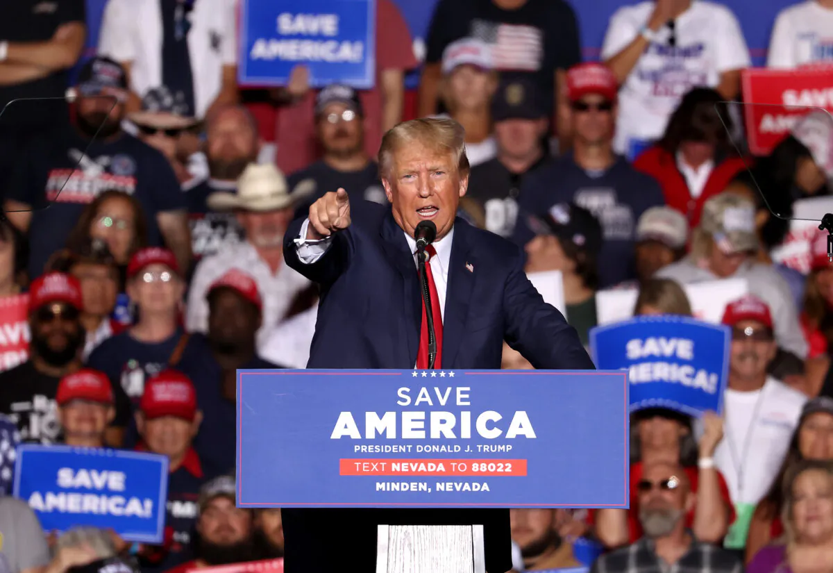 Former U.S. President Donald Trump speaks during a campaign rally at Minden-Tahoe Airport in Minden, Nevada, on Oct. 8, 2022. (Justin Sullivan/Getty Images)