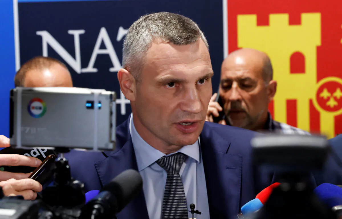 Kyiv Mayor Vitali Klitschko speaks to the media during a NATO summit, in Madrid, Spain, on June 28, 2022. (Yves Herman/Reuters)