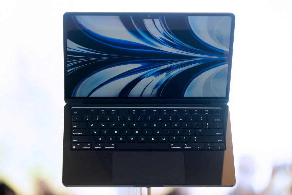 The new MacBook Air is displayed inside the Steve Jobs Theater during the Apple Worldwide Developers Conference (WWDC) at the Apple Park campus in Cupertino, Calif., on June 6, 2022. (Chris Tuite/AFP via Getty Images)