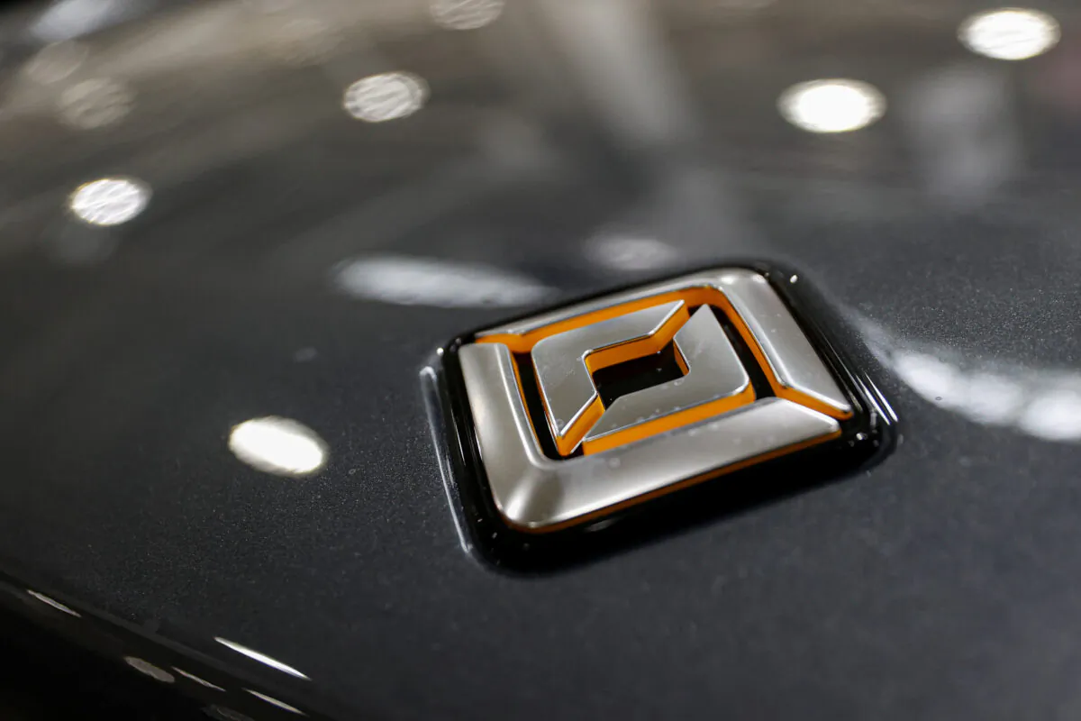 The logo of startup Rivian Automotive's at the electric vehicle factory in Normal, Ill., on April 11, 2022. (Kamil Krzaczynski/Reuters)