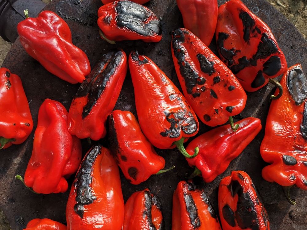 Roasting,Red,Peppers,On,Wood,Burning,Stove.,Close-up,Of,Roasted