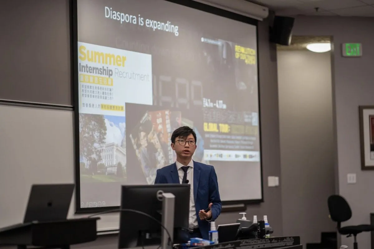 When Sunny Cheung Kwan-yang, who lives in exile in the United States, was giving a speech at the University of Southern California, pro-CCP Chinese nationalists, provocatively questioned the violence of the Hong Kong protesters and called their actions terrorism. (Cheung 's Facebook page/Screenshot via The Epoch Times)