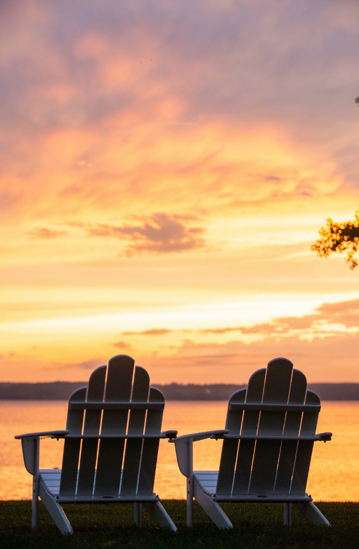 Adirondack chairs overlooking Cayuga Lake in the Finger Lakes region of New York