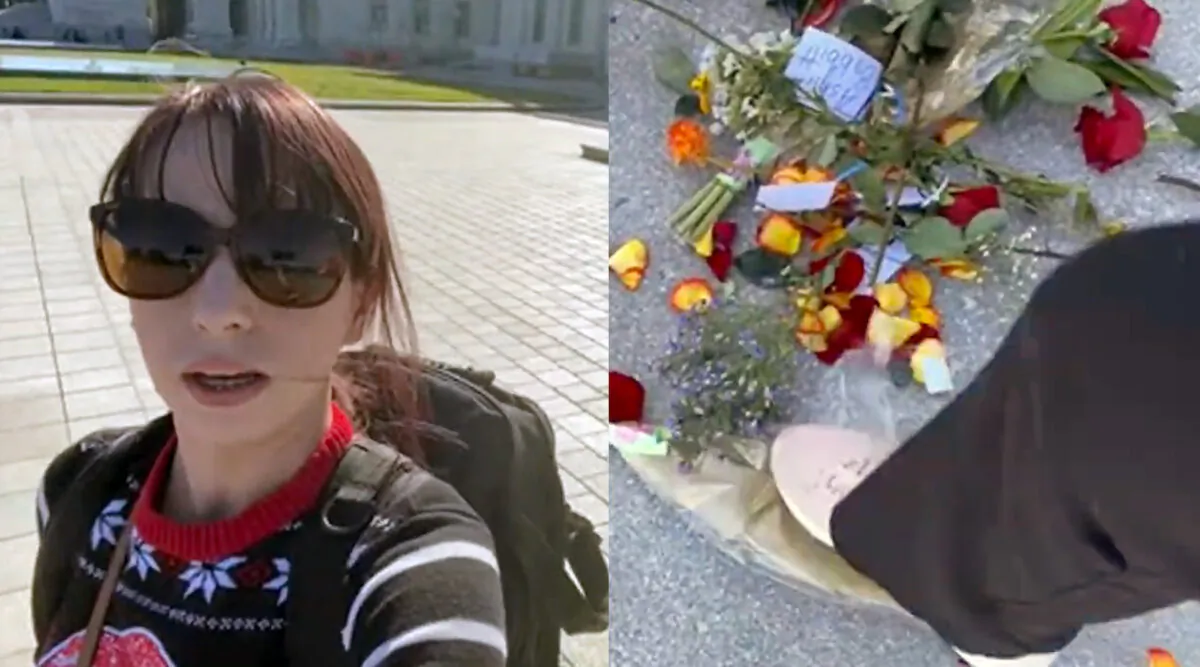 The "Anarchy Princess," Brianne Marie Chapman, destroyed a floral tribute to slain Air Force veteran Ashli Babbitt at the U.S. Capitol on Oct. 10, 2022. (Anarchy Princess YouTube/Screenshots via The Epoch Times)