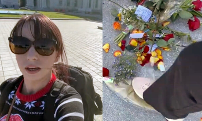 2022 年 10 月 10 日，“无政府状态公主”布赖恩·玛丽·查普曼 (Brianne Marie Chapman) 在美国国会大厦摧毁了向被杀的空军老兵阿什利·巴比特 (Ashli​​ Babbitt) 的花卉致敬。（无政府状态公主 YouTube/时报截图）