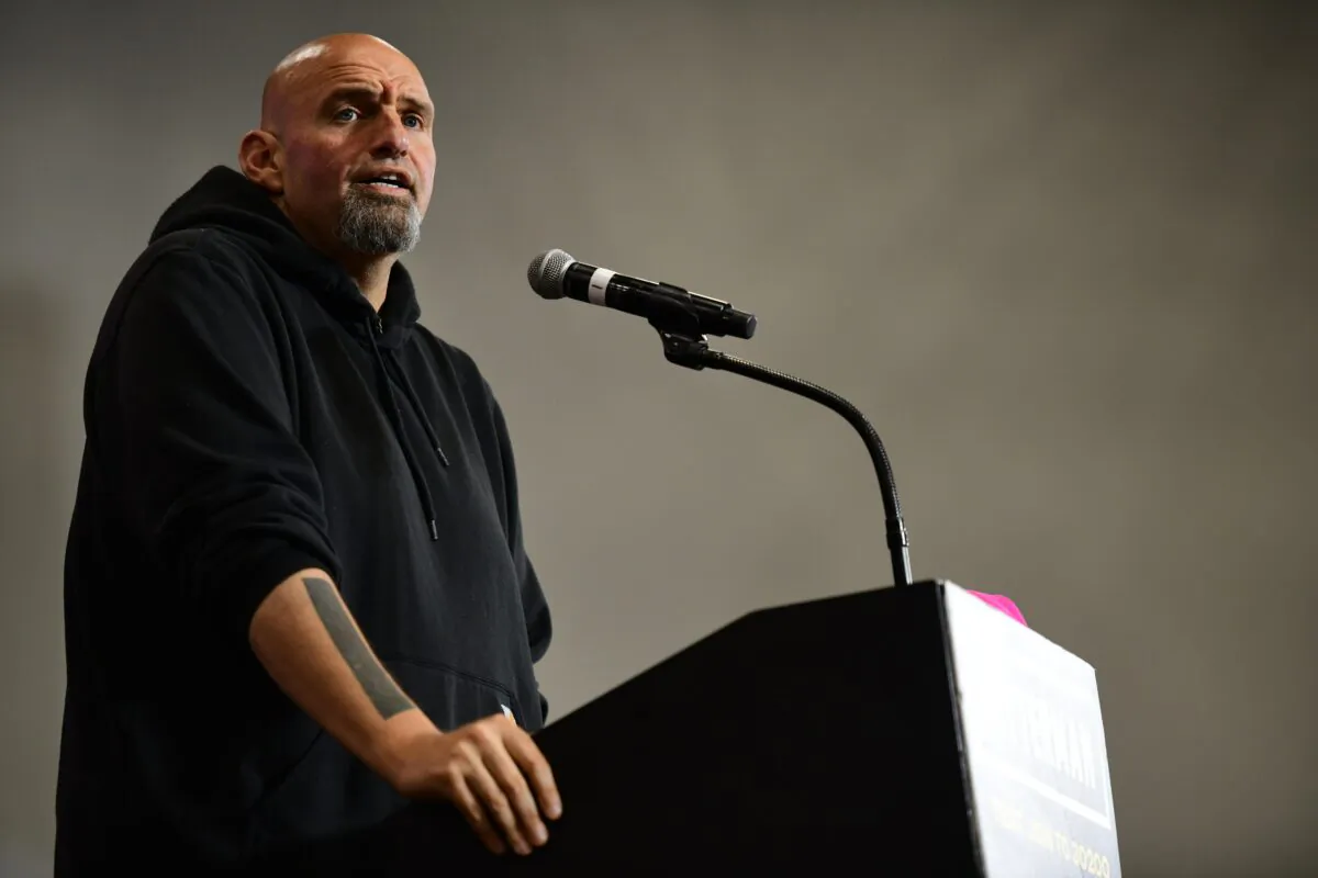 Democratic Pennsylvania Senate nominee John Fetterman holds a rally with U.S. Congresswomen Madeleine Dean and Mary Gay Scanlon at Montgomery County Community College in Blue Bell, Pa., on Sept. 11, 2022. (Mark Makela/Getty Images)