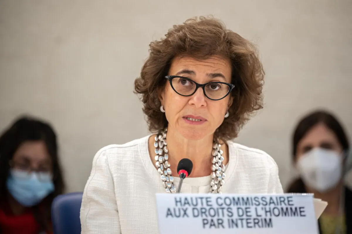 United Nations Acting High Commissioner for Human Rights Nada al-Nashif delivers a speech during the opening day of the 51st session of the U.N. Human Rights Council at the U.N. offices in Geneva on Sept. 12, 2022. (Fabrice Coffrini/AFP via Getty Images)