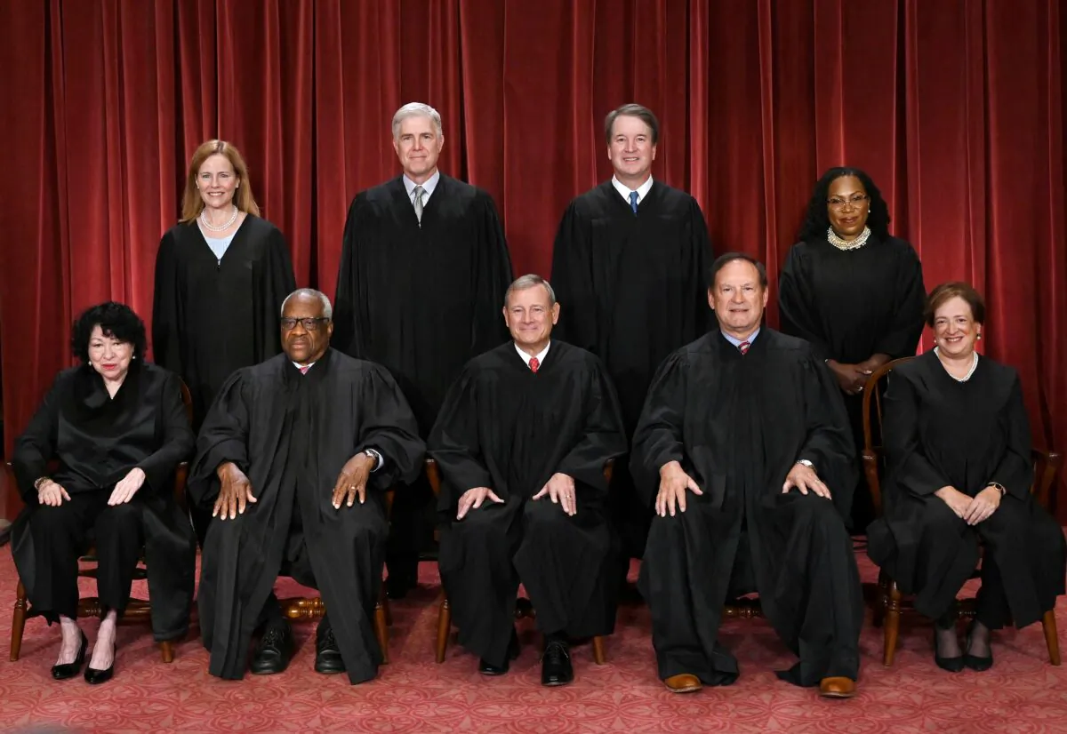 Justices of the US Supreme Court pose for their official photo at the Supreme Court in Washington on Oct. 7, 2022.  (Olivier Douliery/AFP via Getty Images)