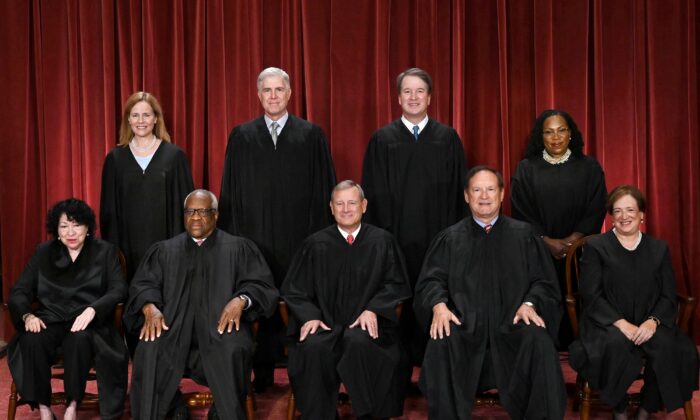 Justices of the U.S. Supreme Court pose for their official photo at the Supreme Court in Washington, on Oct. 7, 2022. (Olivier Douliery/AFP via Getty Images)