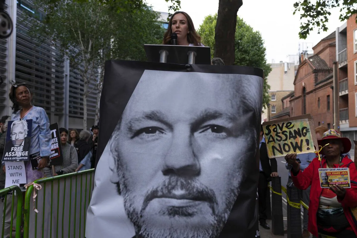 Stella Assange, wife of WikiLeaks founder Julian Assange, delivers a speech in front of the Home Office as protesters gather to Demand Julian Assange's Immediate release, in London on May 17, 2022. (Dan Kitwood/Getty Images)