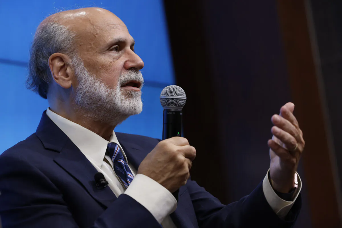 Former Federal Reserve Chair Ben Bernanke speaks during a news conference at the Brookings Institution after it was announced that he and two other economists were awarded the Nobel Prize in Economic Sciences, in Washington, D.C., on Oct. 10, 2022. (Chip Somodevilla/Getty Images)