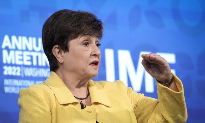 IMF Managing Director Kristalina Georgieva participates in a town hall discussion with civil society organizations at IMF headquarters in Washington on Oct. 10, 2022. (Drew Angerer/Getty Images)