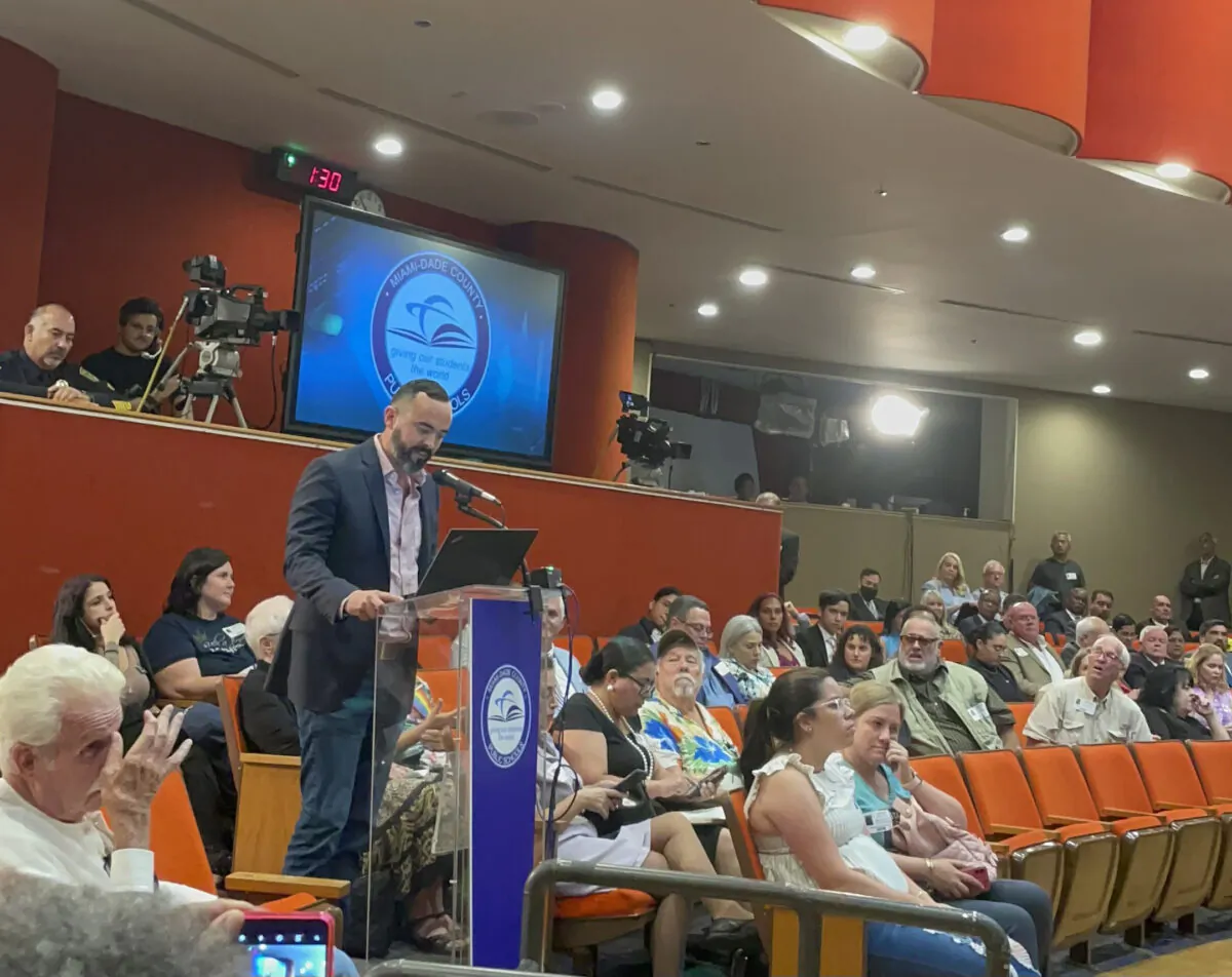 Parents speak out against a proposal to recognize October as LGBTQ History Month during a meeting of the school board of Miami-Dade County Public Schools, on Sept. 7, 2022. (Courtesy of Alex Serrano, County Citizens Defending Freedom)