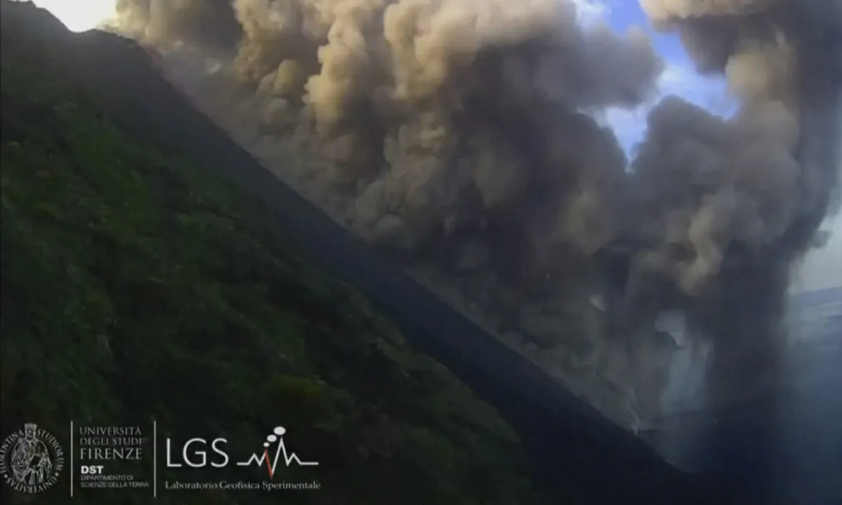 A volcano erupts on the Italian island of Stromboli on Oct. 9. 2022. (Geophysics Experimental Lab/University of Florence Handout via AP/Screenshot via The Epoch Times)