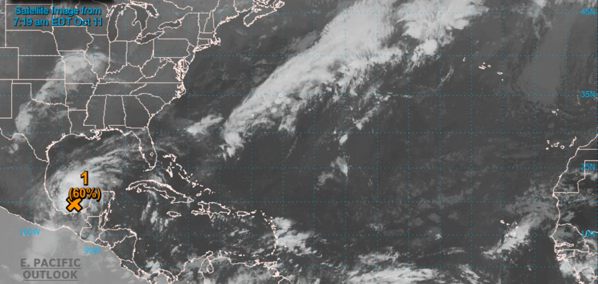 A screengrab shows a low-pressure system over the Bay of Campeche in the southern Gulf of Mexico that now has a 60 percent chance of becoming a storm in 48 hours, on Oct. 11, 2022. (Courtesy of U.S. National Hurricane Center (NHC)/Screenshot via The Epoch Times)