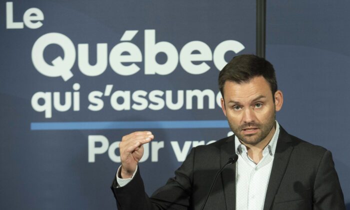 Parti Québécois Leader Paul St-Pierre Plamondon speaks during a post-election news conference in Boucherville, Que., Oct. 4, 2022. (The Canadian Press/Graham Hughes)
