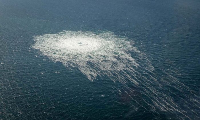 On September 27, 2022, near Bornholm, Denmark, bubbles reaching the surface of the Baltic Sea from a leak in Nord Stream 2 show disturbances well over a kilometer in diameter.