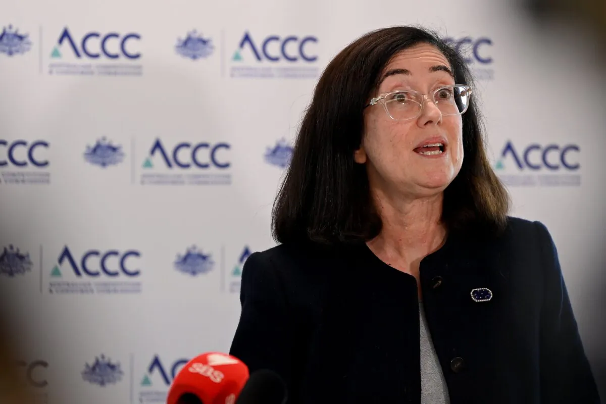 ACCC Chair Gina Cass-Gottlieb speaks to media during a press conference at the ACCC Office in Sydney, Australia, on June 8, 2022. (AAP Image/Bianca De Marchi)