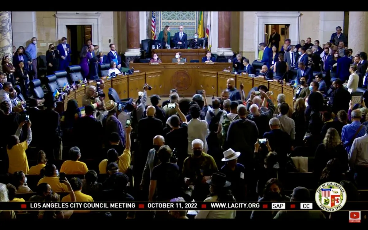 After the Oct. 9, 2022, leak of a racially charged conversation between council President Nury Martinez and three other local officials, protesters flooded the Los Angeles City Hall during the City Council's regular meeting in Los Angeles on Oct. 11, 2022. (Screenshot via YouTube/LACityClerk)