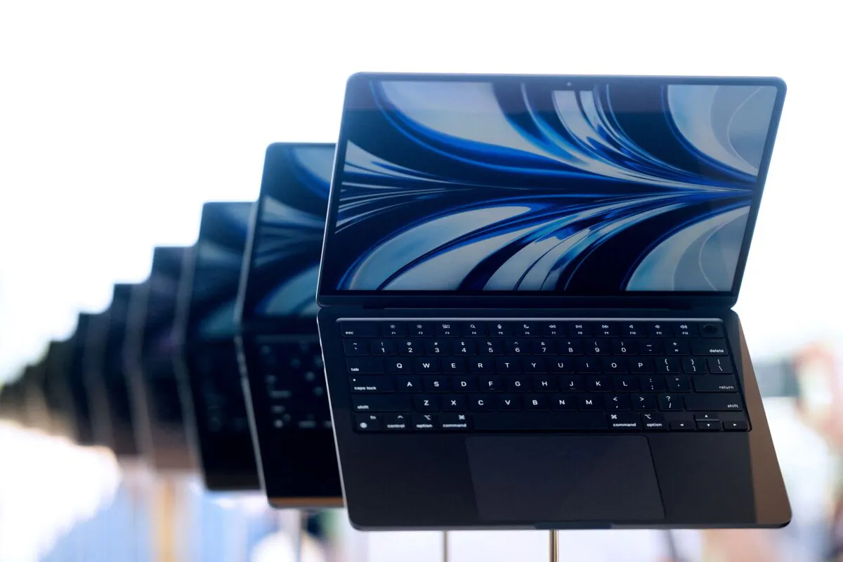 The new MacBook Airs are displayed inside the Steve Jobs Theater during the Apple Worldwide Developers Conference (WWDC) at the Apple Park campus in Cupertino, Calif., on June 6, 2022 . (Chris Tuite/AFP via Getty Images)