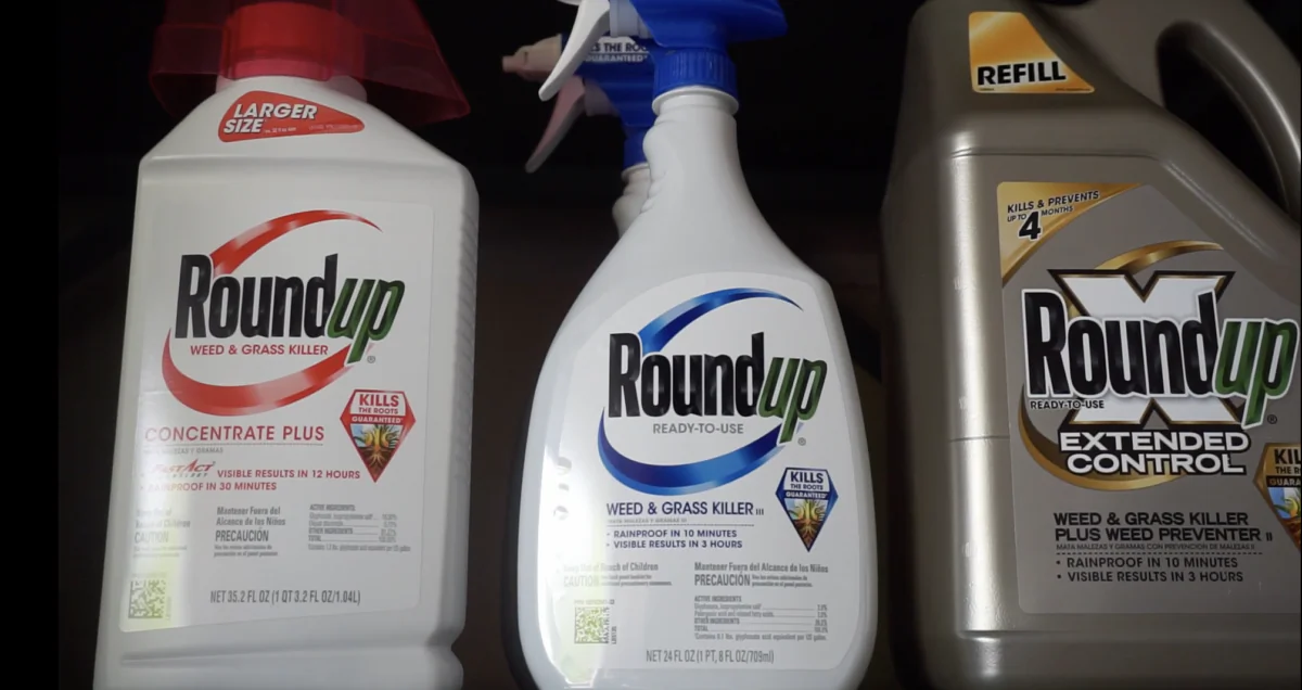 Roundup weed killer products sit on a shelf, in the documentary "Children of the Vine." (Courtesy of Brian Lilla)