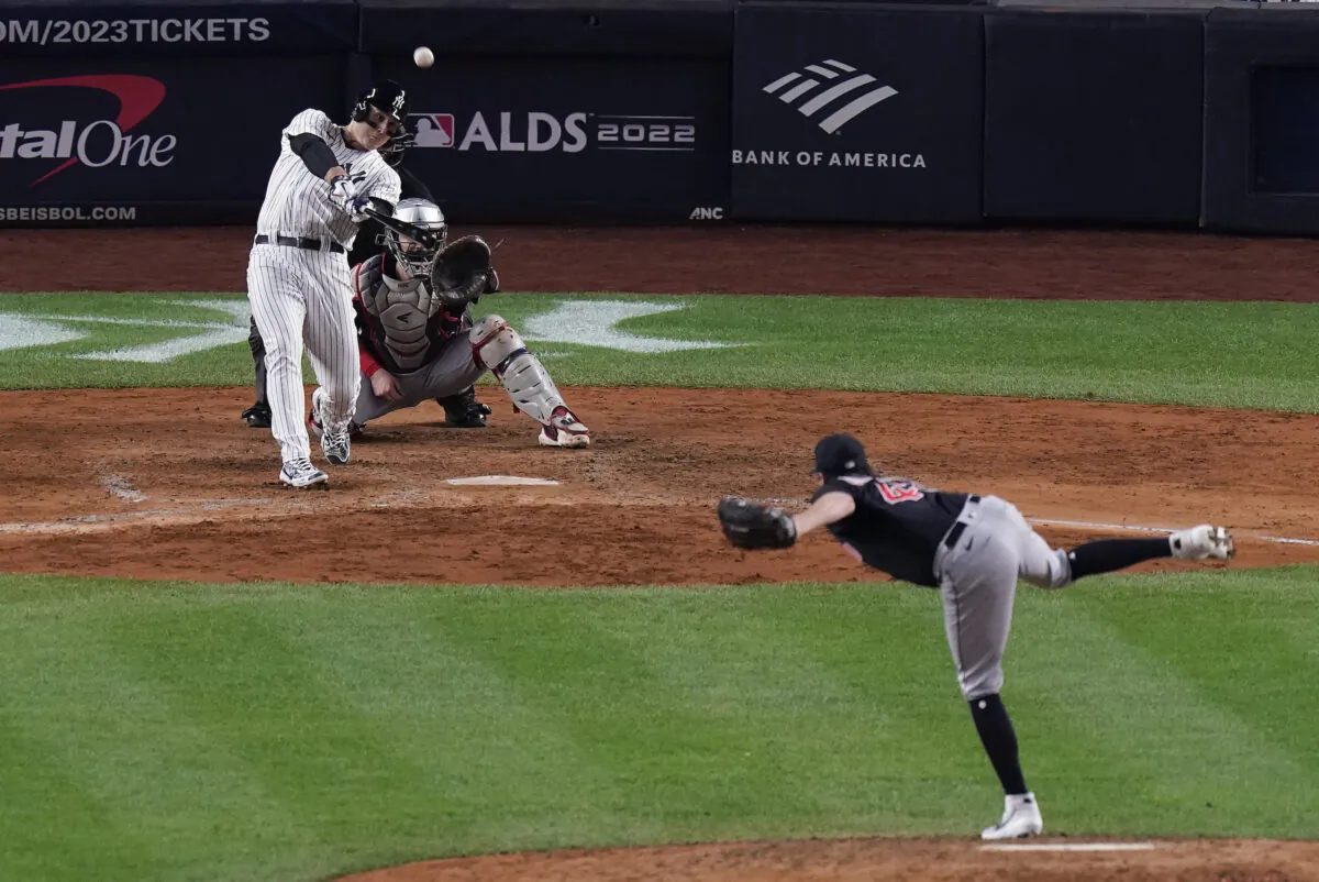 New York New York Yankees first baseman Anthony Rizzo (48) connects for a two-run home run against the Cleveland Guardians during the sixth inning of Game 1 of an American League Division baseball series in New York, on Oct. 11, 2022. (Seth Wenig/AP Photo)
