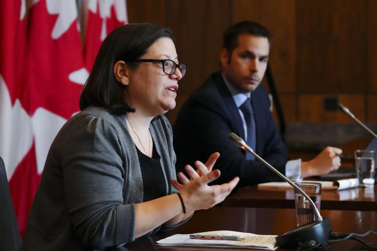 Cara Zwibel, director of the fundamental freedoms program at the Canadian Civil Liberties Association (CCLA), and Alain Bartleman, special adviser for Indigenous issues at CCLA, hold a press conference concerning the Public Emergency Order Commission in Ottawa on Oct. 12, 2022. (Sean Kilpatrick/The Canadian Press)