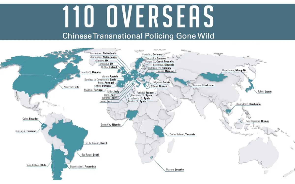 Overseas Chinese police “Service Stations,” or “110 Overseas,” are found in dozens of countries across five continents. (Courtesy of Safeguarddefenders)