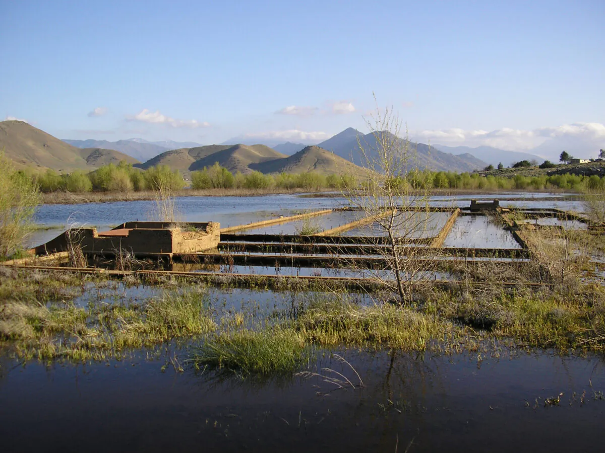 An old building foundation lies exposed in the former town of Old Kernville, Calif. Every two years, the abandoned ghost town resurfaces as the water line of manmade Lake Isabella recedes. (Courtesy of Chuck Barbee)