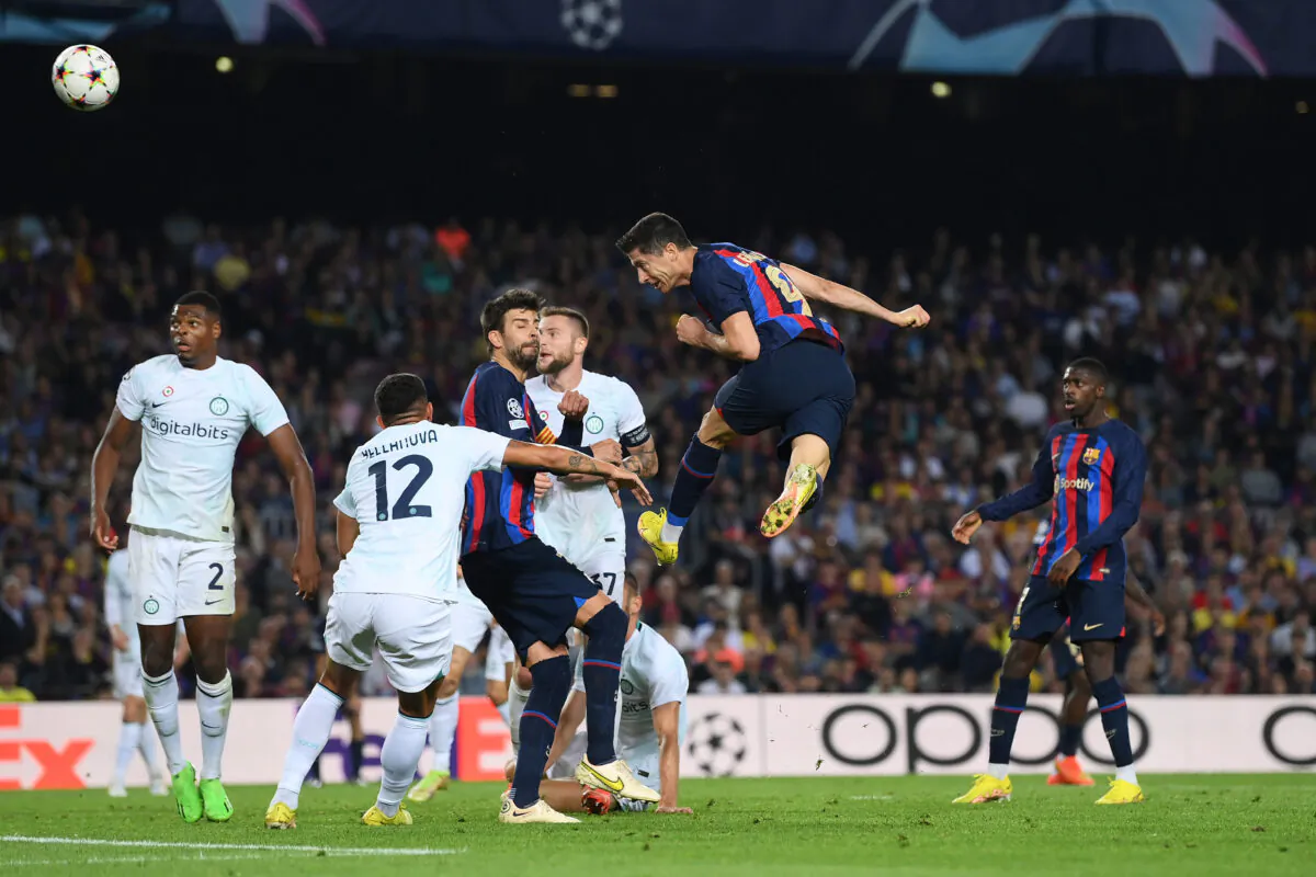 Robert Lewandowski of FC Barcelona scores their team's third goal during the UEFA Champions League group C match between FC Barcelona and FC Internazionale at Spotify Camp Nou in Barcelona, Spain, on October 12, 2022. (David Ramos/Getty Images)