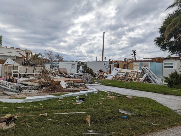 Photo of devastation wrought by hurricane Ian on the senior living community of Gasparilla Mobile Estates in Placida, Florida on September 29, 2022.