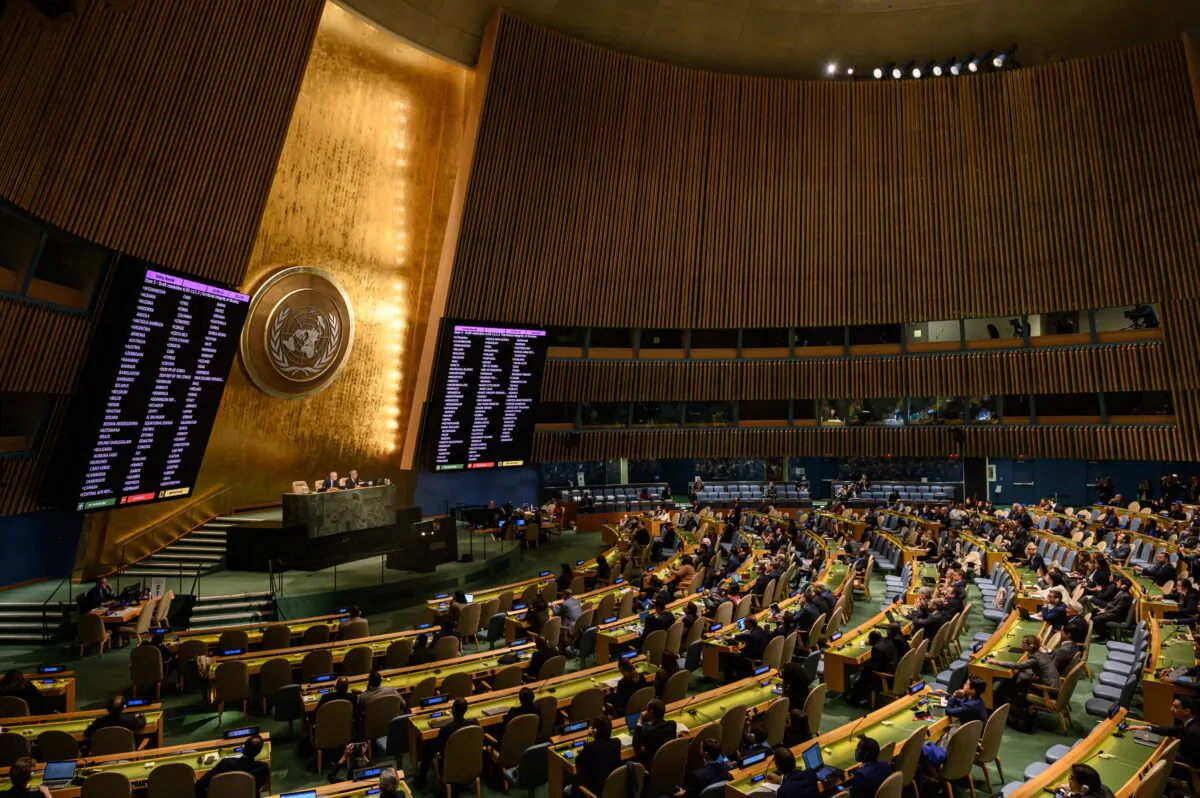A general view shows voting results during a UN General Assembly meeting at the United Nations headquarters in New York City on Oct. 12, 2022. (Ed Jones/AFP via Getty Images)