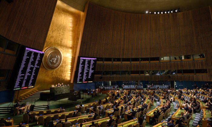 A general view shows voting results during a U.N. General Assembly meeting at the United Nations headquarters in New York City on Oct. 12, 2022. (Ed Jones/AFP via Getty Images)