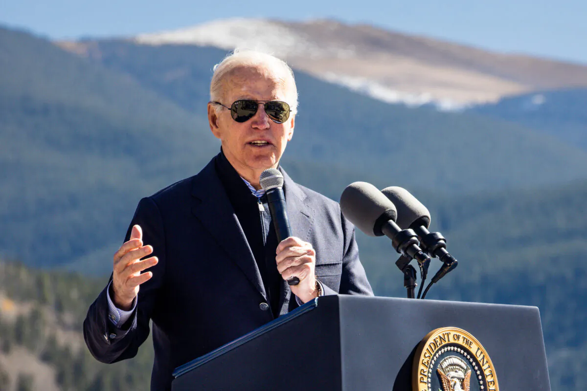 U.S. President Joe Biden gives a speech before designating Camp Hale as a national monument in Red Cliff, Colo., on Oct. 12, 2022. (Michael Ciaglo/Getty Images)