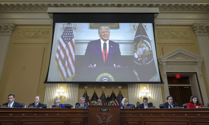 A video of former President Donald Trump is played during a hearing by the House January 6 committee in the Cannon House Office Building in Washington on Oct. 13, 2022. (Alex Wong/Getty Images)
