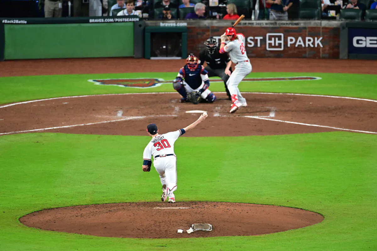 Kyle Wright (30) of the Atlanta Braves delivers a pitch against the Philadelphia Phillies during the fourth inning in game two of the National League Division Series at Truist Park in Atlanta, on Oct. 12, 2022. (Adam Hagy/Getty Images)