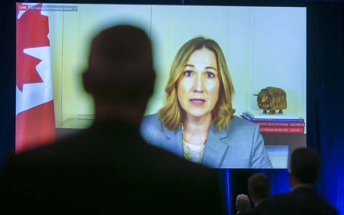 Canada's Ambassador to the United States Kirsten Hillman speaks via video link at the Global Business Forum in Banff, Alta., Sept. 24, 2020. (The Canadian Press/Jeff McIntosh)
