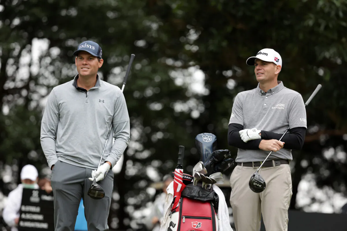 Adam Schenk (L) and Brendan Steele (R) of the United States are seen on the 6th tee during the first round of the ZOZO Championship at Accordia Golf Narashino Country Club in Inzai, Chiba, Japan, on October 13, 2022. (Chung Sung-Jun/Getty Images)