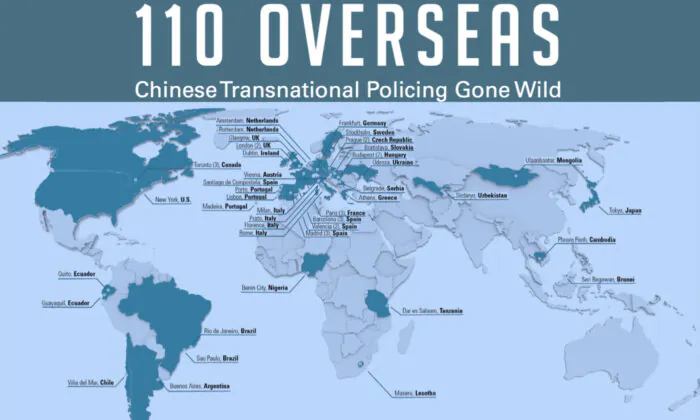 Overseas Chinese police “Service Stations,” or “110 Overseas,” are found in dozens of countries across five continents. (Courtesy of Safeguarddefenders)