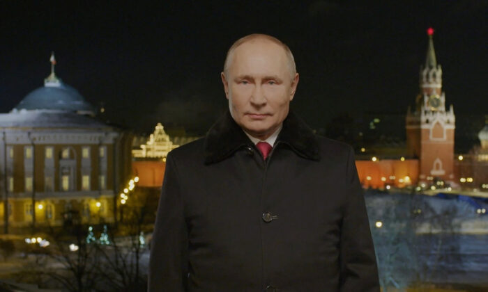 Russian President Vladimir Putin makes his annual New Year address to the nation in Moscow on Dec. 31, 2021. (Kremlin.ru via Reuters)