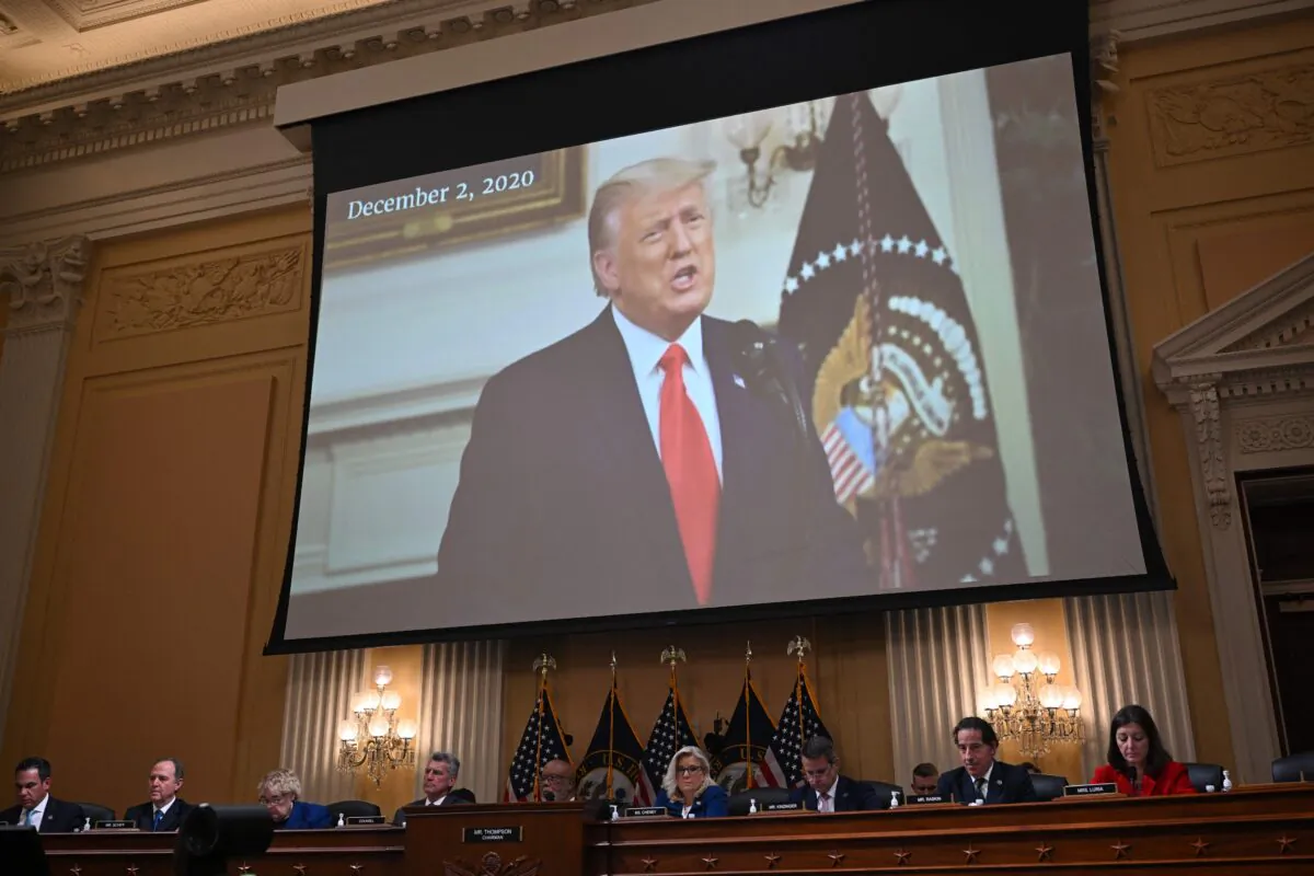 A video is shown of former U.S. President Donald Trump during a hearing by the House January 6 committee in Washington on Oct. 13, 2022. (Mandel Ngan/AFP via Getty Images)