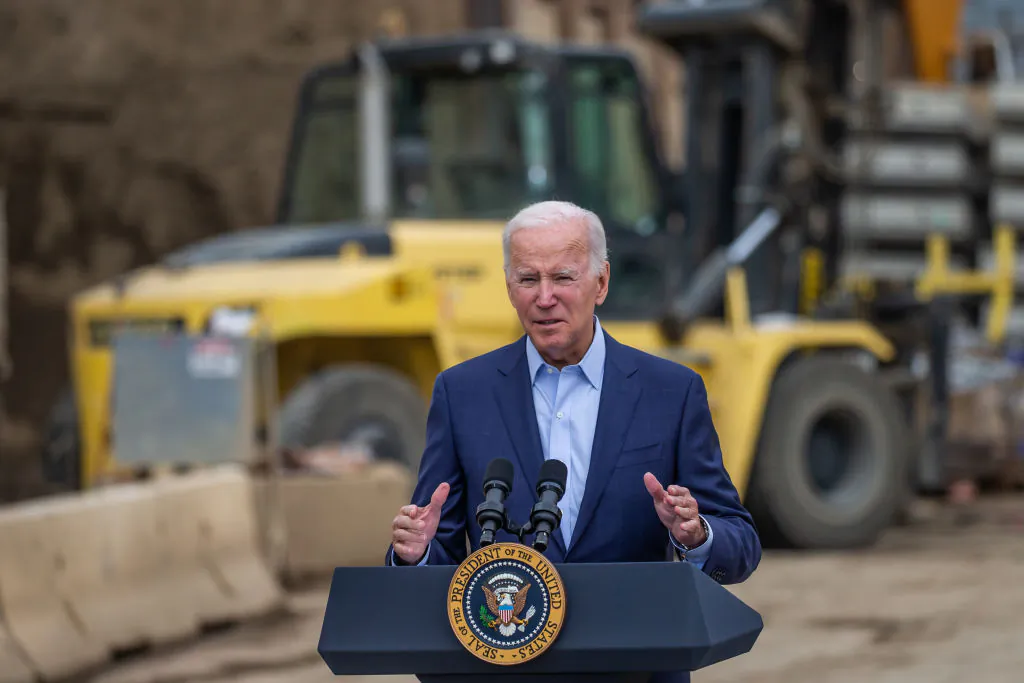 President Joe Biden delivers remarks at the Metro D Line (Purple) Extension Transit Project–Section 3 in Los Angeles on Oct. 13, 2022. (Apu Gomes/Getty Images)