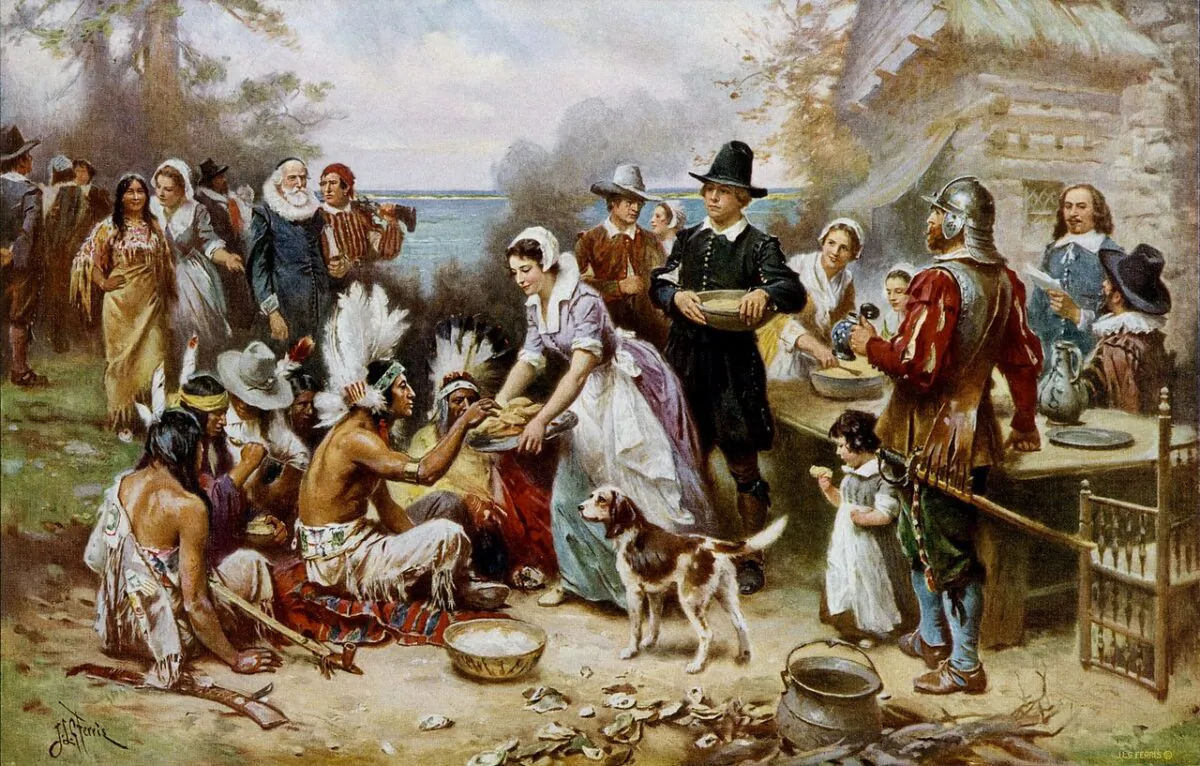 "The First Thanksgiving" as recounted in a story by Jane Austen in a painting, circa 1912-1915, by Jean Leon Gerome Ferris. Library of Congress. (Public Domain)
